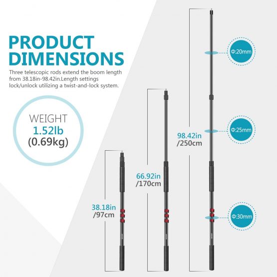 Neewer NW-7000 Microphone Boom Arm, 3-Section Extendable Handheld Mic Arm with 1/4” to 3/8” Threads, 3ft to 8ft Adjustable Length - Image 3