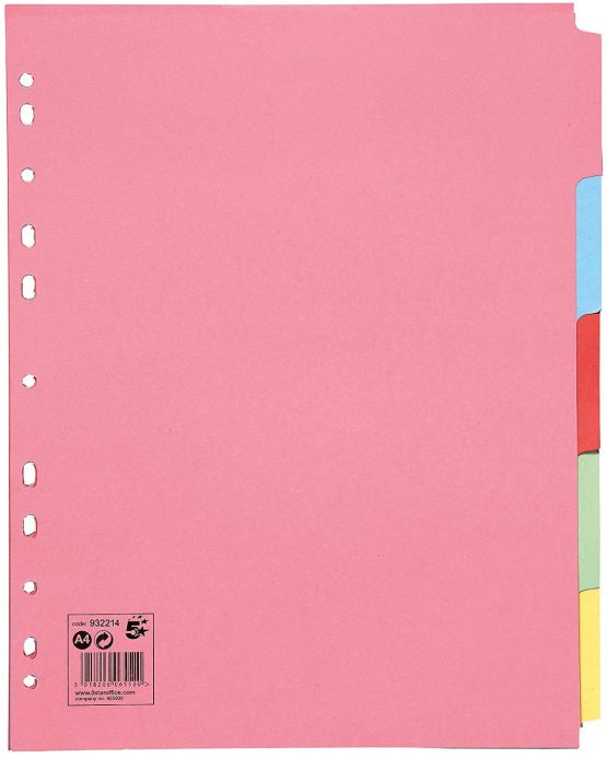 5 Star Subject Dividers Multipunched Manilla Board 5-Part Extra Wide A4 Assorted [Pack 10]