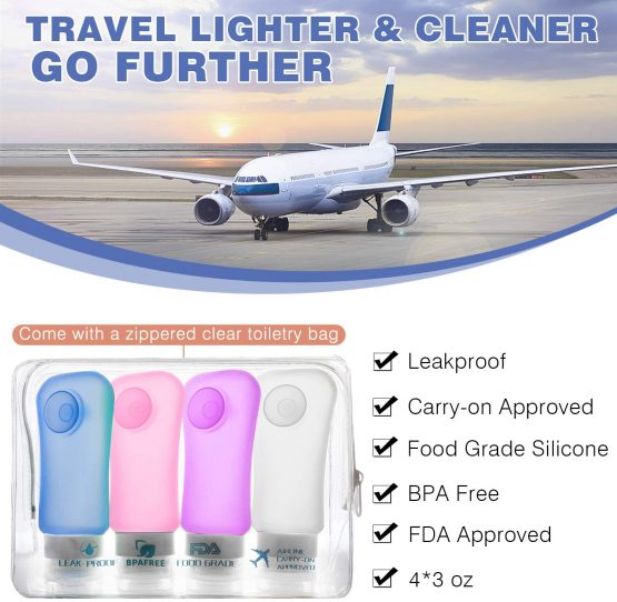 MoKo Travel Bottles 4 Pack, Leak Proof BPA Free & FDA Approved Refillable Cosmetic Toiletry Containers, Silicone Travel Bottles Set with Suction Cup for Shampoo Lotion Conditioner & More, 3.1 oz(89ml) - Image 2