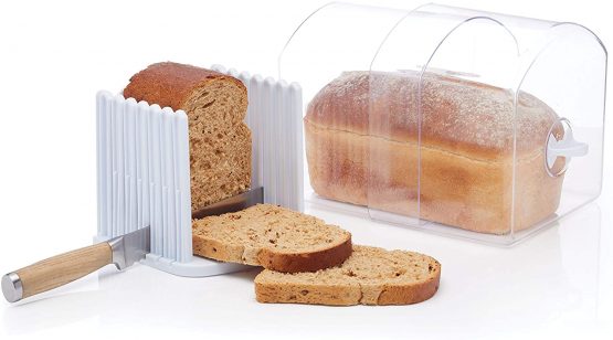 KitchenCraft Stay Fresh Expanding Bread Keeper - Bread Bin with Bread Slicer Guide, In Gift Box, Plastic - Large