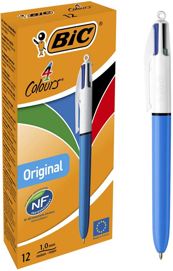 BIC 4 Colours Original Retractable Comfortable Ballpoint Pens - Box of 12 - Medium Point (1.0 mm) - Precision Writing