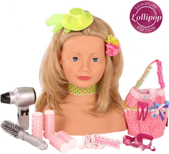 Gotz 1792055 Lillipop signature styling head with blond hair, brown eyes and accessories - make-up hair dressing head with 50 pieces - suitable agegroup 3+