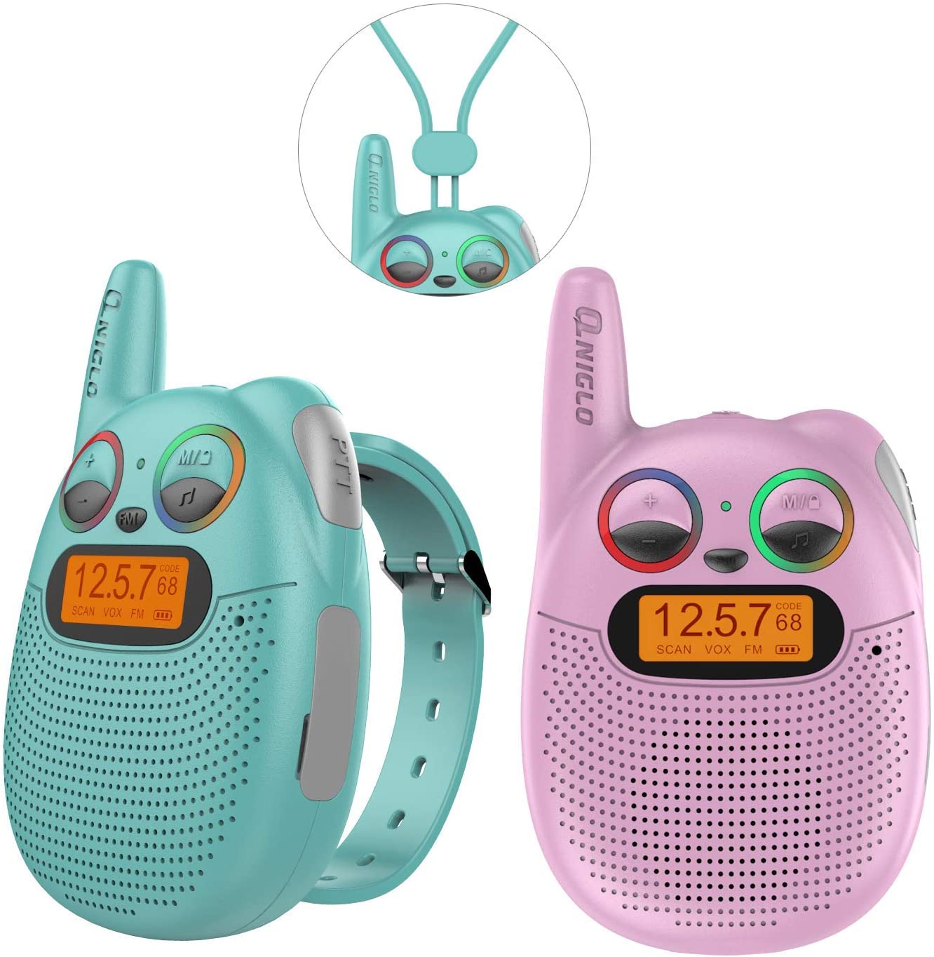 Rechargeable Kids Walkie-Talkies with FM Radio, 2 Miles Range, Twinkling LED Eyes