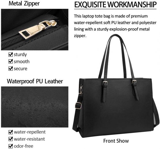 Laptop Bags for Women 15.6 inch Large Leather Tote Bag Ladies Laptop Handbag Computer School Shoulder Bag Business Work Bag Black - Image 2