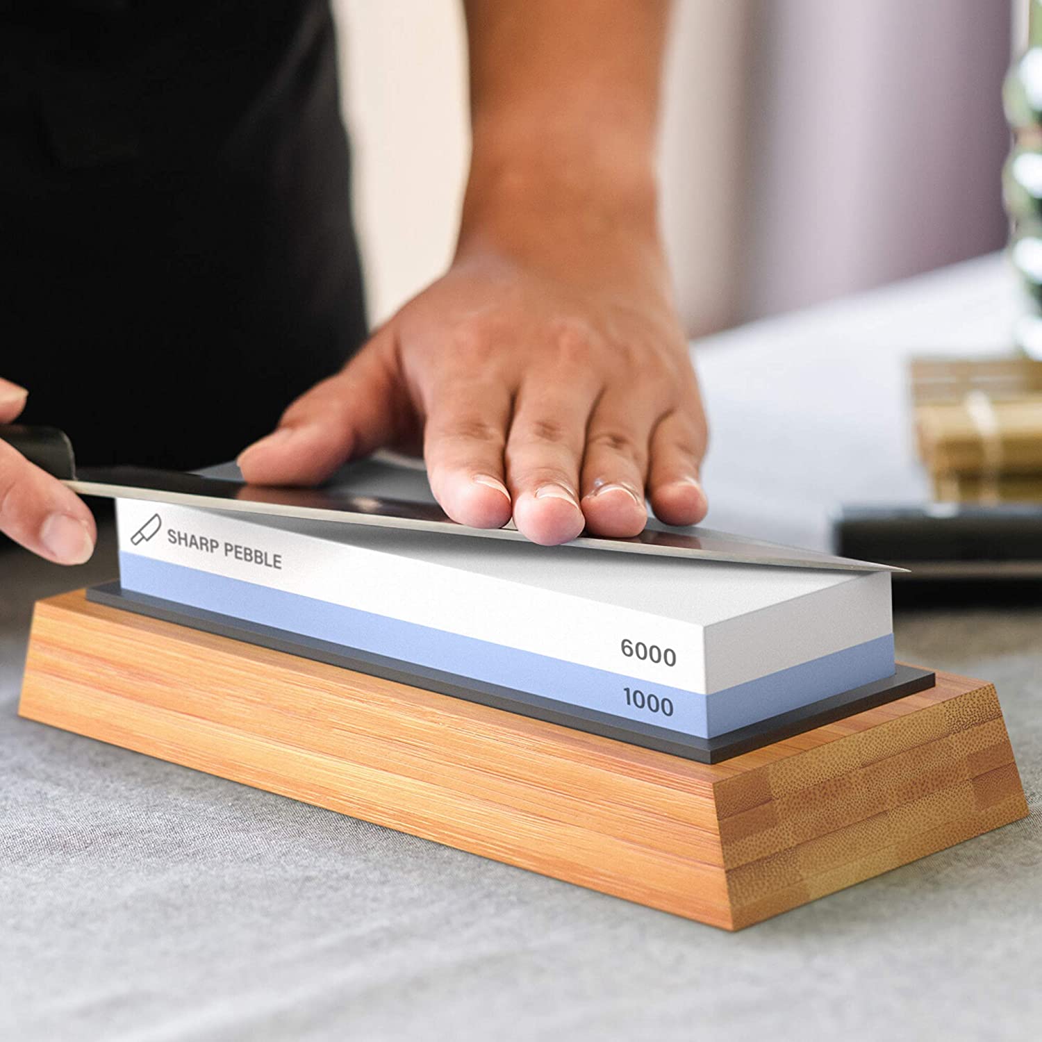 Sharp Pebble Premium Whetstone Knife Sharpening Stone 2 Side Grit 1000/6000 Waterstone- Whetstone Knife Sharpener- NonSlip Bamboo Base & Angle Guide - Image 3
