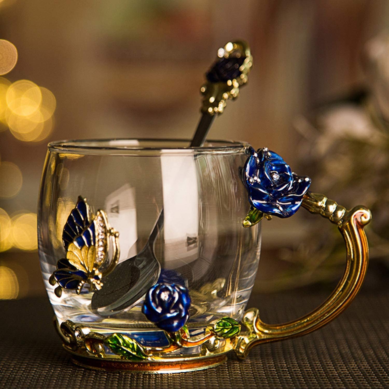 Evecase Enamels Butterfly Flower Clear Lead Free Glass Coffee Mugs Tea Cup With Steel Spoon Set 7203