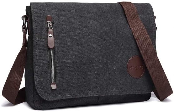 Kono Canvas Messenger Shoulder Bags for Men 13.5 inch Unisex Casual Cross Body Bag Travel Bag for School Travel Work Hiking (Black)