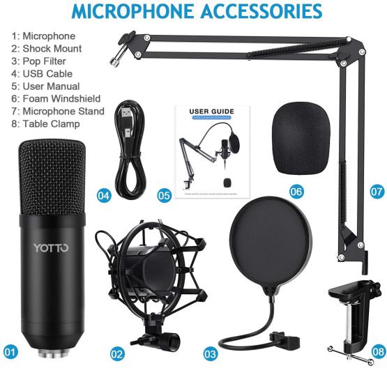 YOTTO USB Microphone Cardioid Condenser Mic 192KHz/24bit Plug and Play Professional Studio Podcast Microphone with Adjustable Microphone Stand Suspension Scissor Boom Arm, Pop Filter, Shock Mount - Image 2