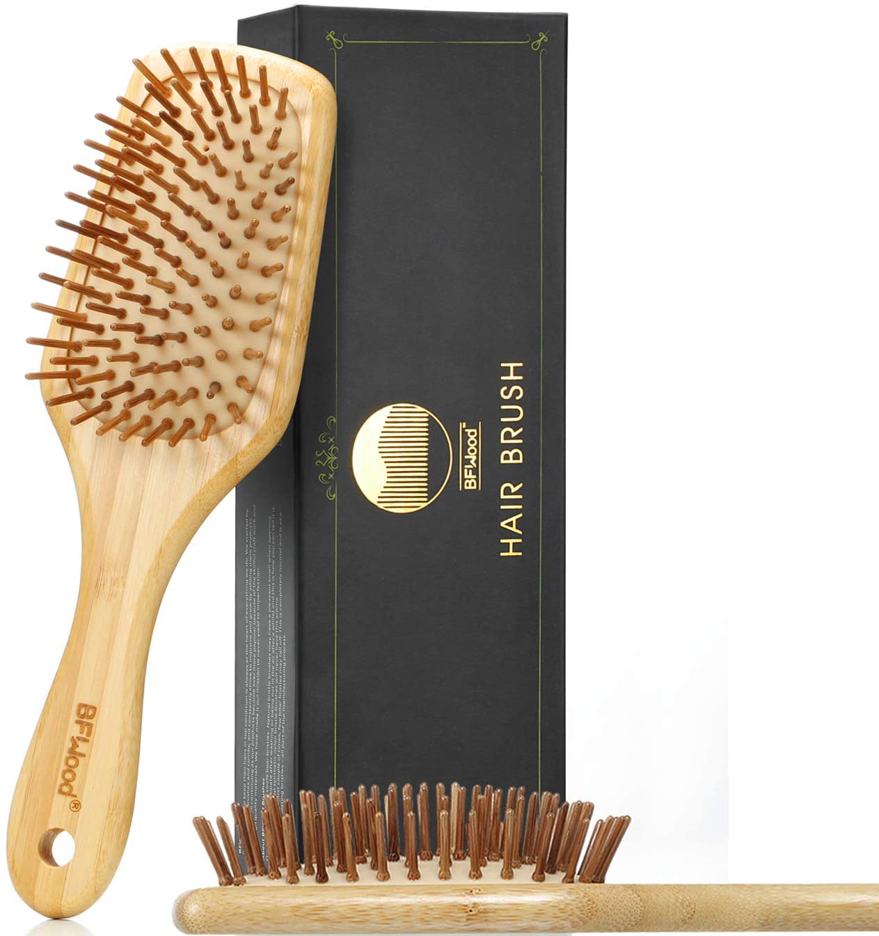 BFWood Bamboo Handle with Bamboo Bristles Paddle Hairbrush for Massaging Scalp - Big Handle