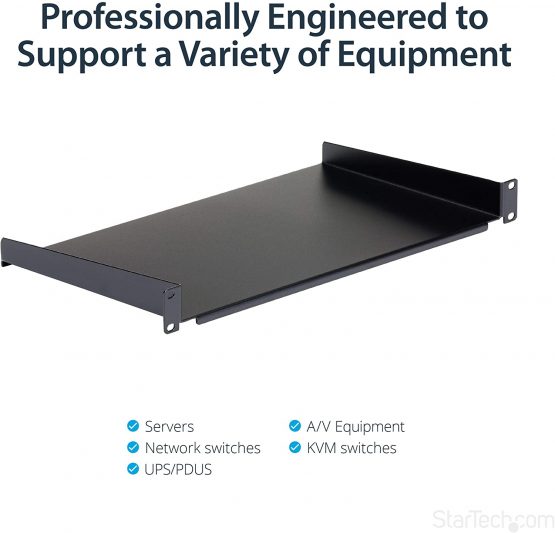 StarTech 1U Fixed Server Rack Mount Shelf - 10in Deep Steel Universal Cantilever Tray for 19" AV/ Network Equipment Rack - Heavy Duty Steel - Weight Capacity 44lbs/20kg, Black (CABSHELF1U10) - Image 3