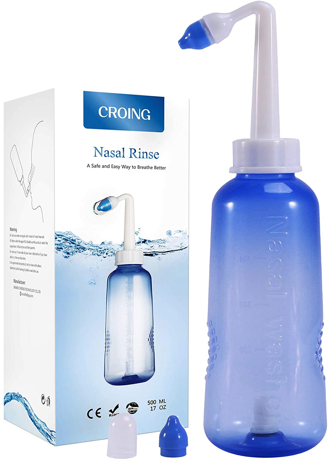 CROING π¦πΆπ»ππ π₯πΆπ»ππ² (500ml) Nasal Wash Bottle Only for Nasal Irrigation - Sinus Rinse , Neti Pot, White,blue, 1 count