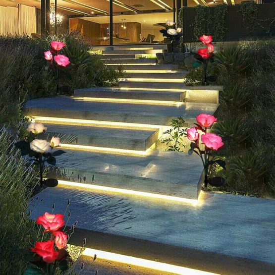 2 X Solar Garden Lights Outdoor Colour Changing Solar Flower Rose Lights Waterproof Solar Stake Lights for Garden Patio Backyard Pathway Driveway Decoration (White) - Image 2