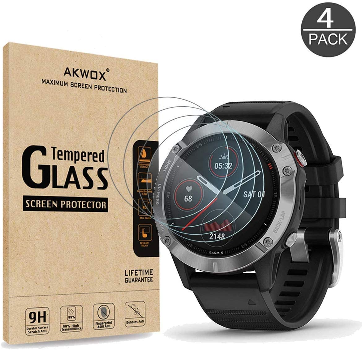 AKWOX Pack of 4 Screen Protector Glass Tempered Compatible with Garmin Fenix 6, Garmin Fenix 6 Pro and Garmin Vivomove HR