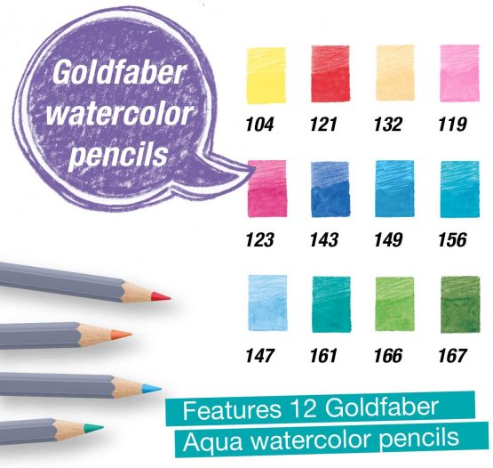 Faber-Castell Goldfaber Aqua 114614 Watercolour Pencils Gift Set 12 Colouring Pencils Including Fineliner, Pencil, Watercolour Pad, Sharpener, Eraser And Watercolour Brush - Image 4