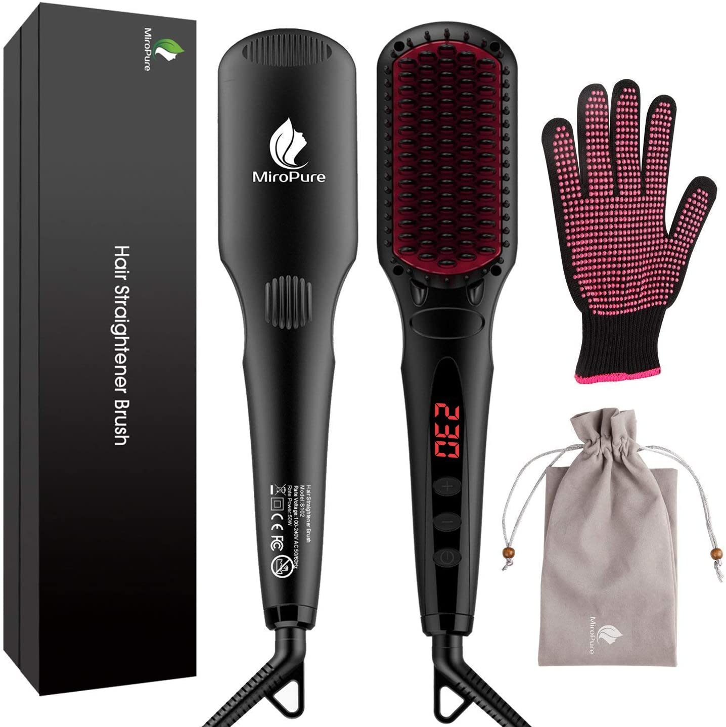 MiroPure 2 in 1 Ionic Hair Straightener Brush Hot Comb MCH Heating Smoothing Brush with 16 Settings, Dual Voltage