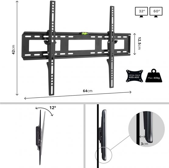 Duronic TV Bracket TVB123M | Wall Mount for 32”-60” Television Screen | Tilting Action -12° | VESA Fits Up to 600x400mm | Fixing for Flat Screen LCD/LED/OLED/QLED | Strong Heavy-Duty | Low Profile - Image 2