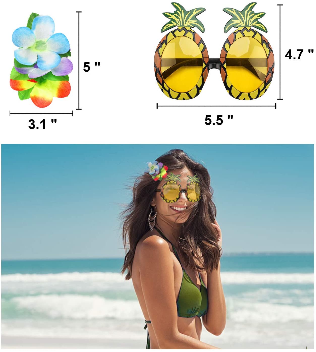 PHOGARY 8PCS Hula Skirt Costume Accessory Kit for Hawaii Luau Party, Dancing Hula Kula with Flower Bikini Top, Hawaiian Lei - Image 3