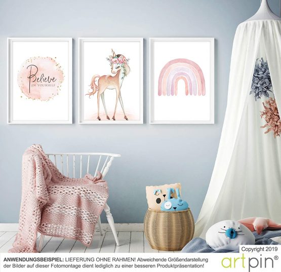 artpin® Children's Room unicorn Poster A4 Pictures Baby Room Decorative Girls Set of 3 Pictures Wall Art P57 - Image 2