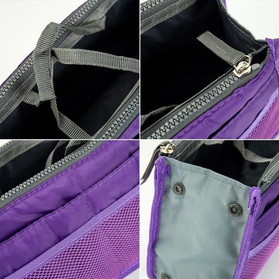Handbag Organiser Insert Expandable Liner Bag Pouch Zipper Closure Tote Organiser Diaper Bag Cosmetic Travel Bag Liner Pouch with Handle (Black) (Purple) - Image 4