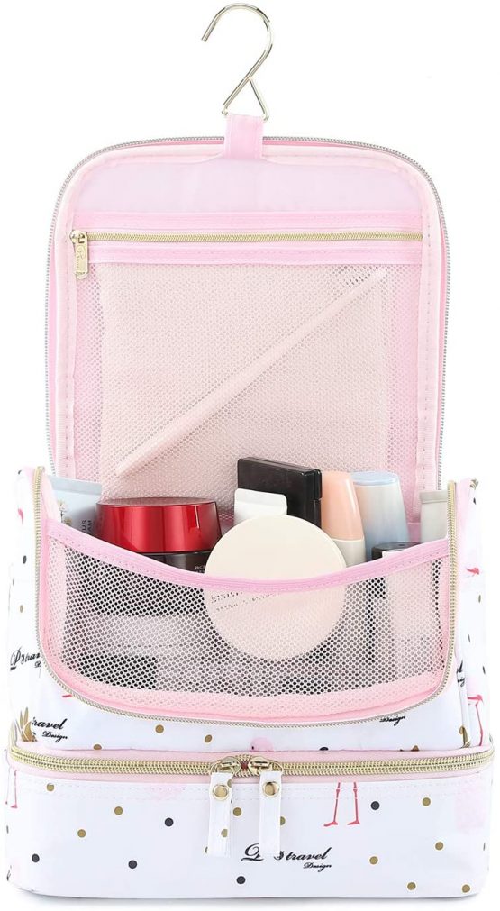Hanging Toiletry Bag for Women, Lychii Cosmetic Bag with Double Layer, Toiletries Travel Organizer - Flamingo Printed - Image 3