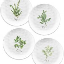 BUZZ SET OF 4 - Melamine WHITE GARDEN HERBS Side Plate - 21.5cm - SAGE, PARSLEY, DILL & THYME