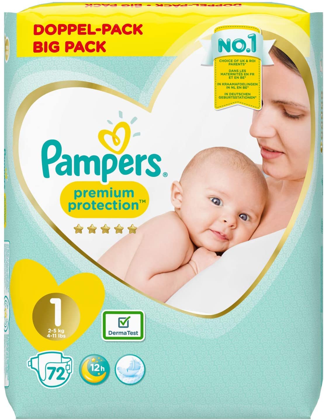 Pampers Premium Protection Size 1 x 72 Nappies, 2 kg - 5 kg, White, Size 1 (72 Count)