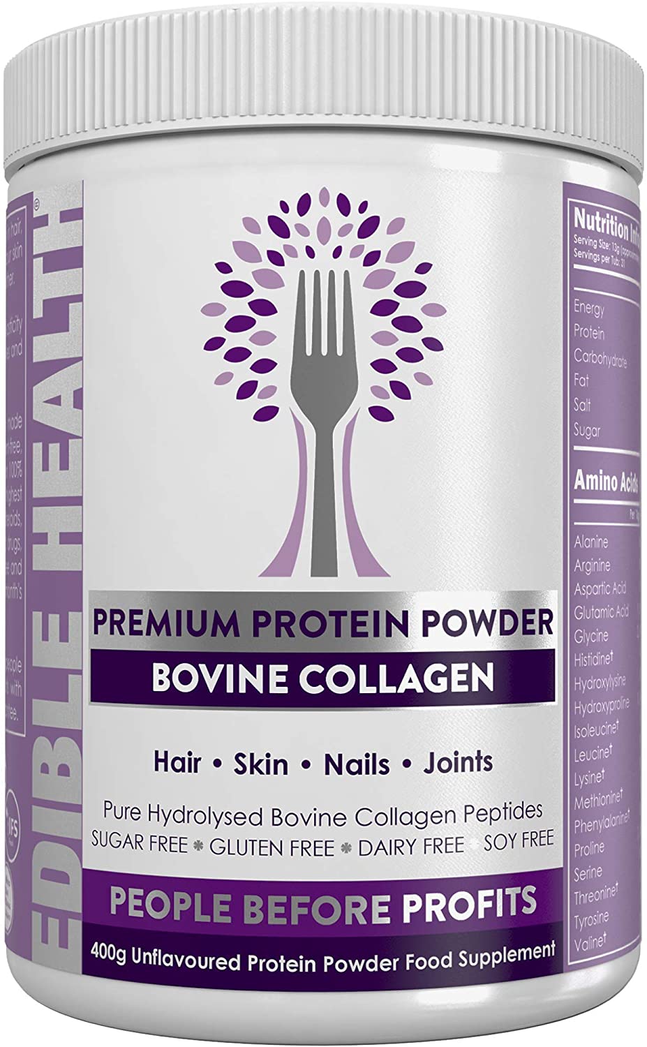 Edible Health Collagen Powder 400g, Types 1 & 3 Protein Peptides, 18 Amino Acids, Hydrolysed Bovine Collagen Supplement