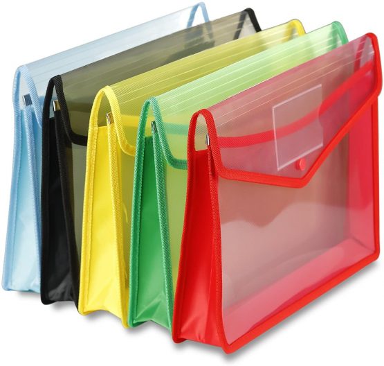 A4 Plastic Wallets, 5 Pcs Popper Wallet Plastic Document Folder Premium Pockets Files Envelope for School Office Home, with Snap Closure and Card Slot