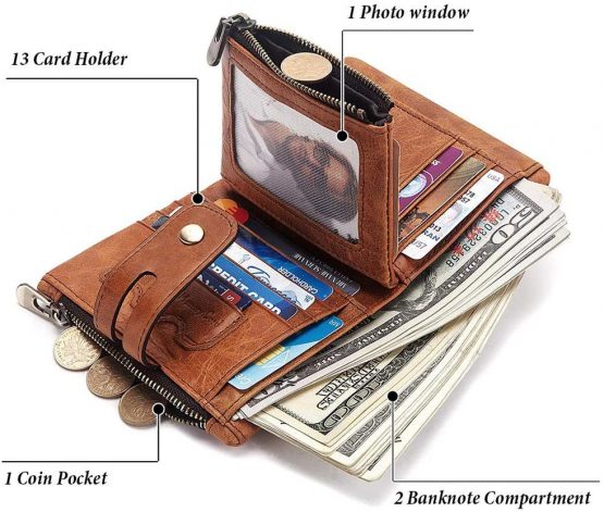 HALOViE Mens Wallet RFID Blocking Leather Wallets with Zip Coin Pocket Credit Card Holder Anti-Theft Purse(Khaki) - Image 2