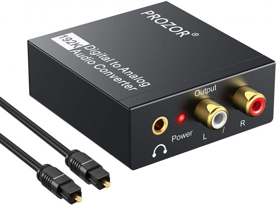 PROZOR 192kHz DAC Converter Digital SPDIF Toslink to Analog Stereo Audio R/L Converter Adapter with Optical Cable Compatible with HD DVD Sky HD Blu-ray