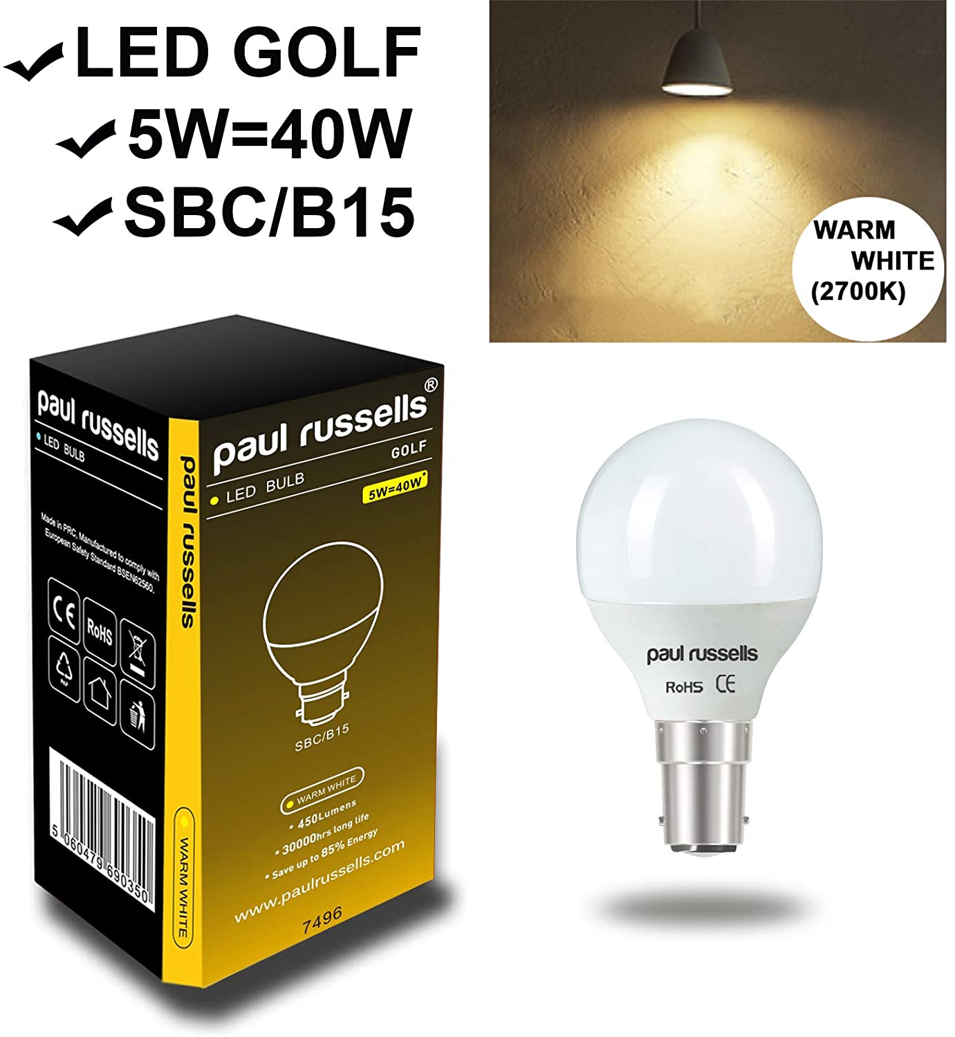 paul russells LED Golf Ball Light Small Bayonet Cap B15, 40w Equivalent, 4.9W 470Lumens LED Bulbs, 2700K Bright Warm White - Image 2