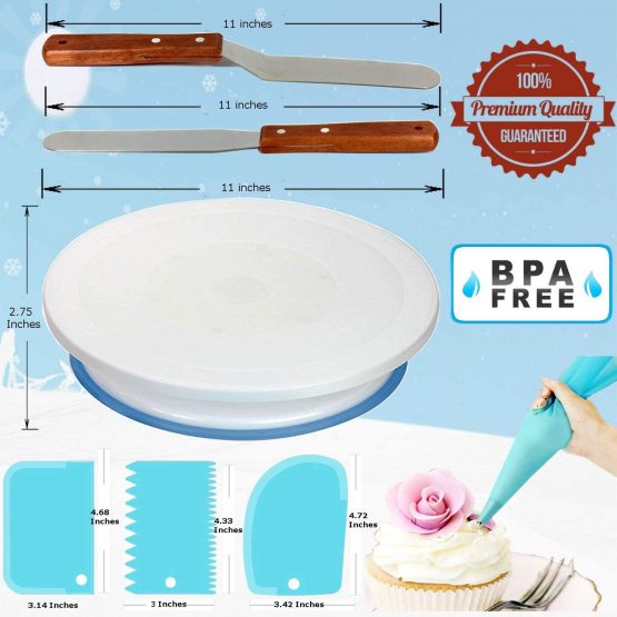 RFAQK 65 PCs Cake Decorating Kit Set with Cake Turntable-Cake leveler-24 Numbered Piping Tips with Pattern Chart & EBook- Straight & Offset Spatula-30 Icings Bags- 3 Icing Smoother Scraper Set… - Image 4