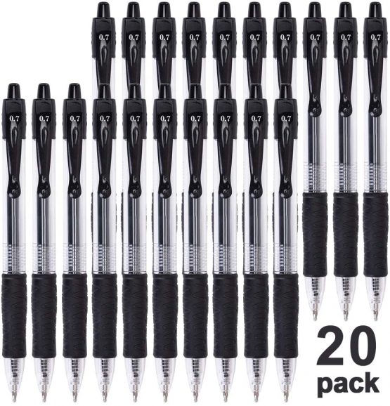 Gel Pens, 0.7mm Retractable Rollerball Pens Black ink Smooth Pens for Adult Writing Note Taking School & Office Supply, Pack of 20