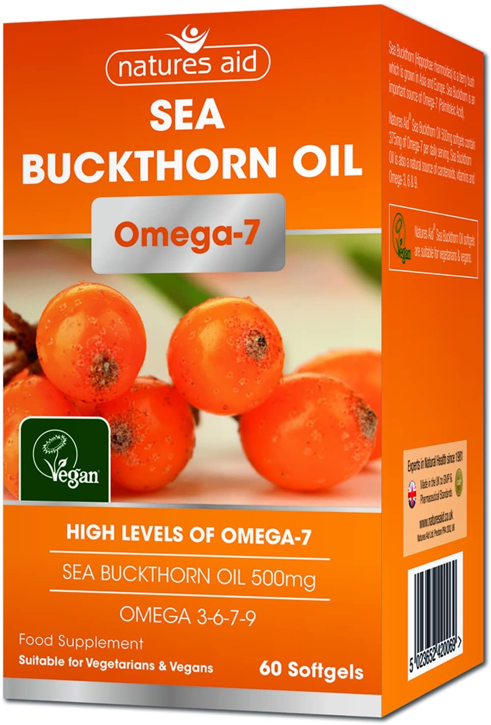 Natures Aid Sea Buckthorn Oil 500mg, Omega-7 High Strength, Supports Skin, Immune & Heart Health