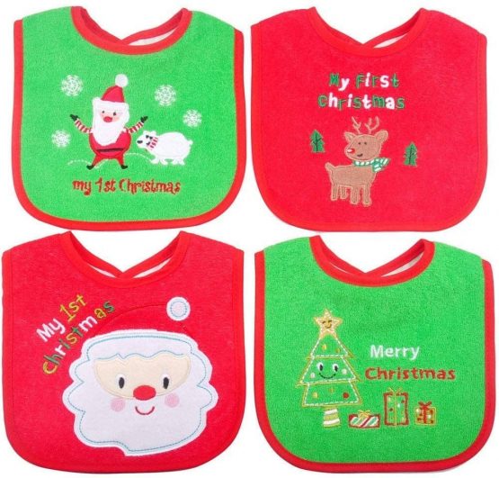 Christmas Baby Bibs,First Christmas Baby Gifts, 4pcs Different Pattern Waterproof Bibs,First Xmas Bib for Babies Newborns and Toddlers