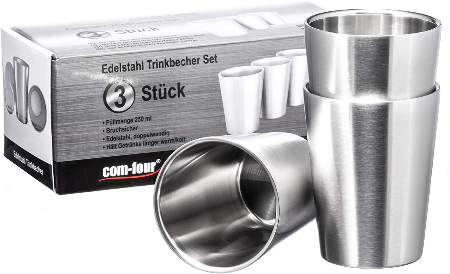 comfour® 3x stainless steel drinking cup 250 ml per mug Thermo