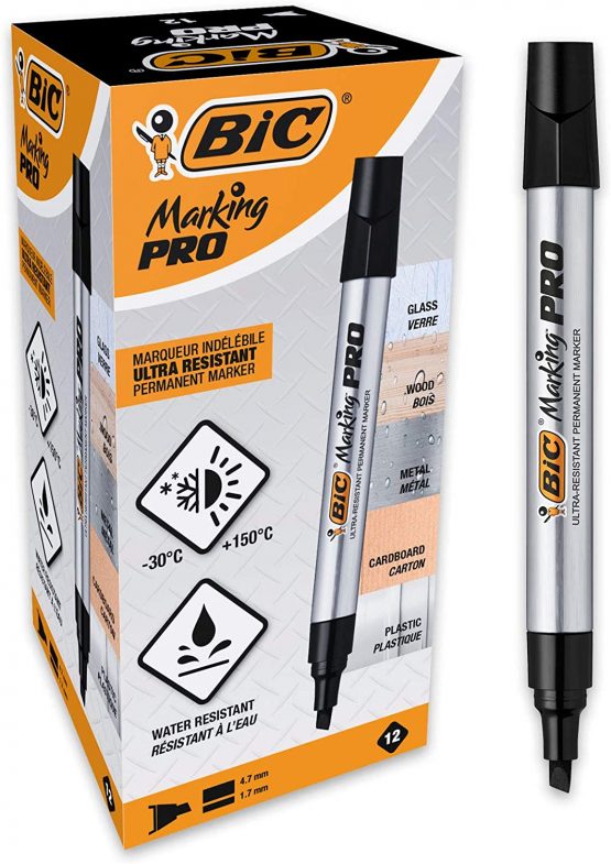 BIC Marking Pro Permanent Markers Medium Chisel Tip - Black, Box of 12