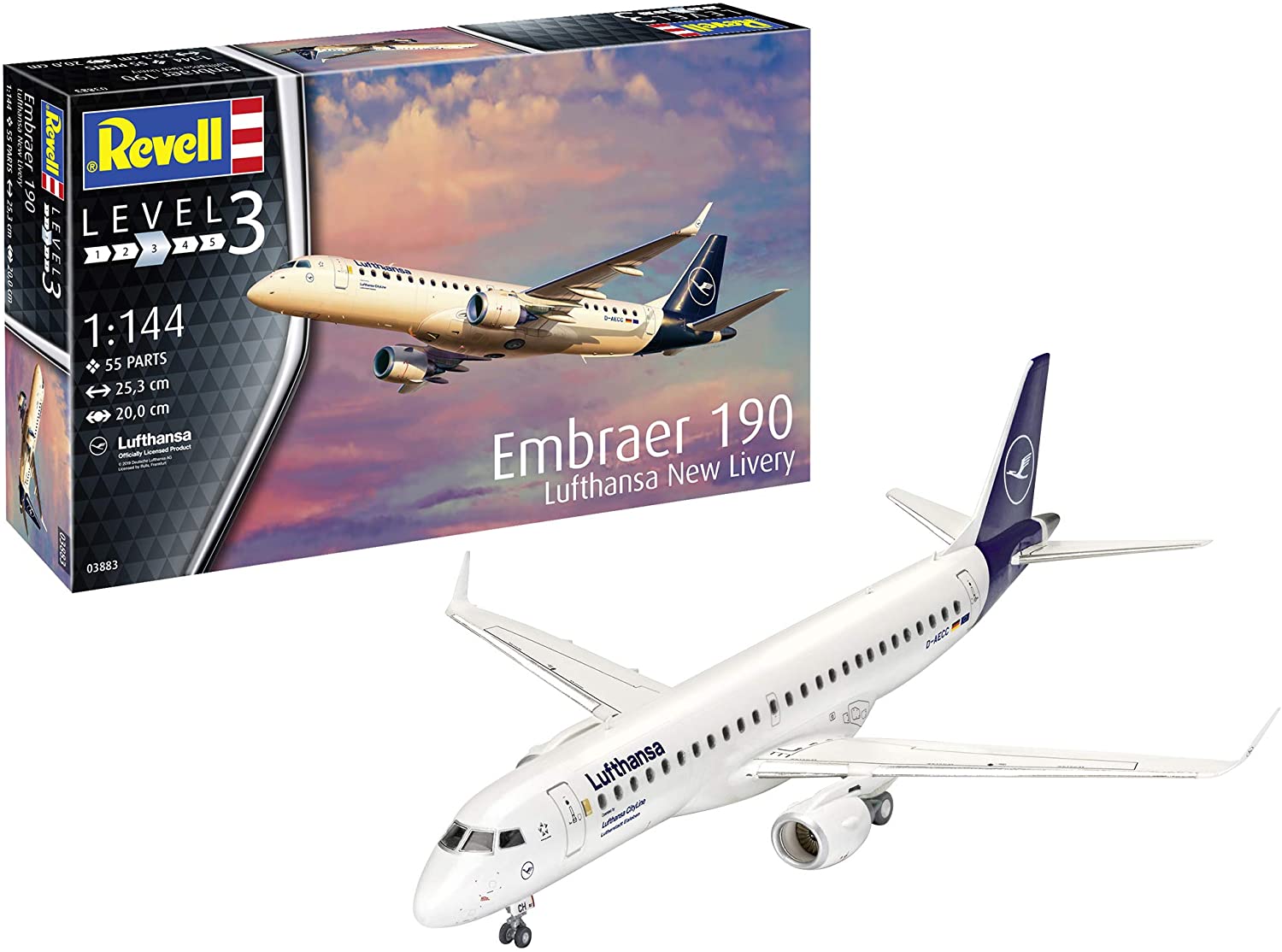 Revell 03883 Embraer 190 "Lufthansa New Livery 1:144 Scale Unbuilt/Unpainted Plastic Model Kit, Various, 1/144