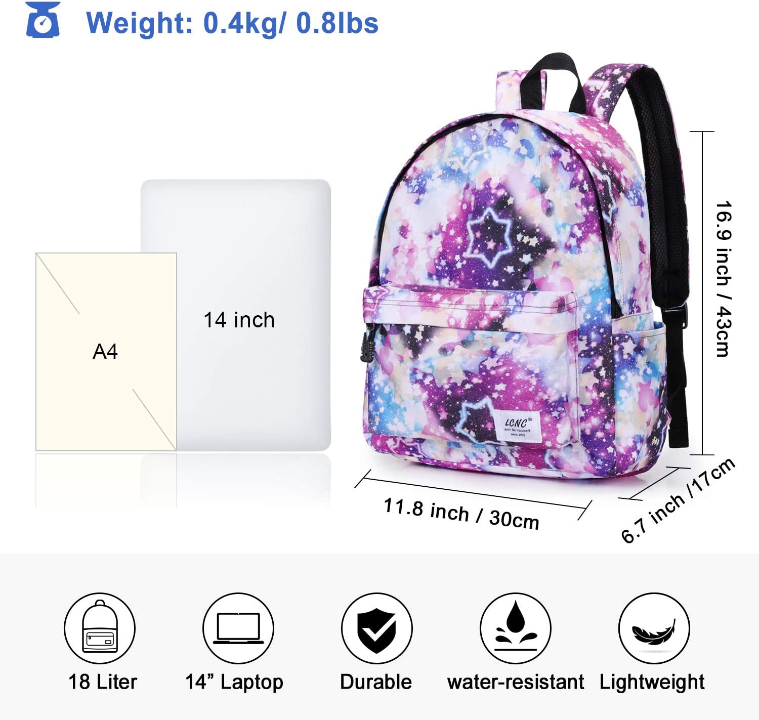 LCNC School Backpack for Girls Boys Water Resistant Durable Casual Basic for Students Kids E-Star Galaxy, Taille unique - Image 2