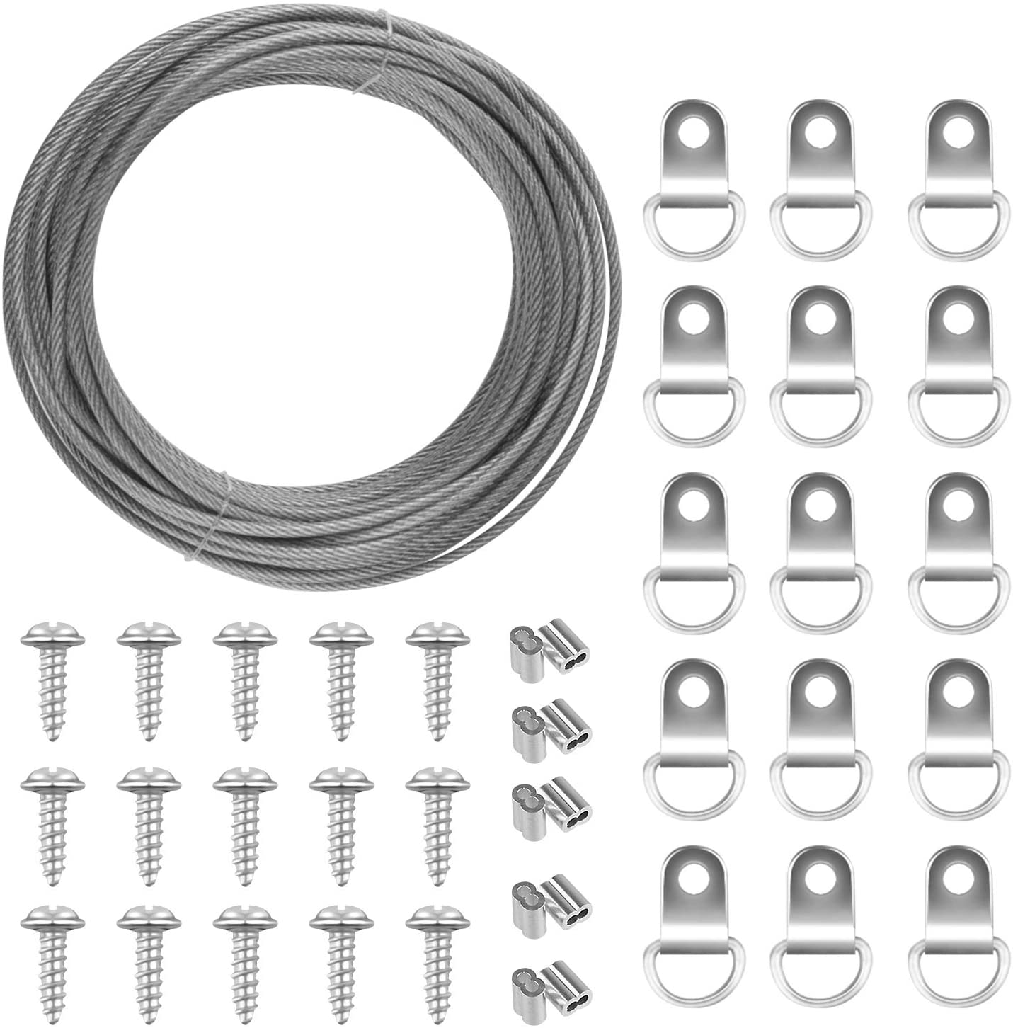 TUPARKA 2mm x 10m Stainless Steel Picture Hanging Wire Picture Cord for Mirror Picture Hanging Fixings with 10 Crimp Tube 15 D-Ring Picture Frame Hanging Hooks and Screws (Up to 30 KG)