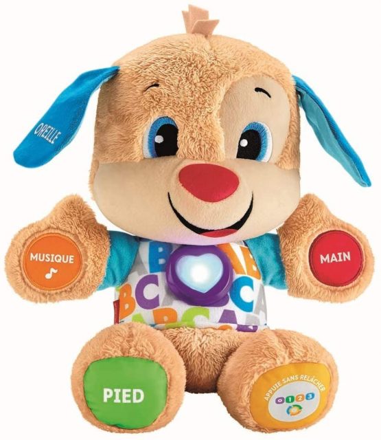 Fisher-Price Puppy Eveil Progressive Baby Toy, Interactive Soft Toy, Over 75 Songs and 3 Levels of Learning, French Version, 6 Months+, FPM44