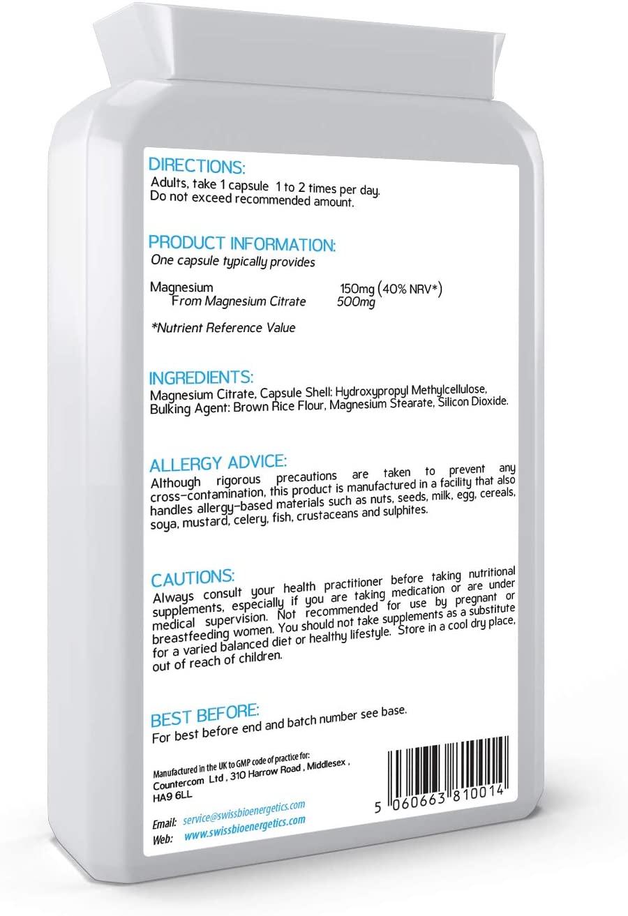 Magnesium Citrate 500mg 120 Capsules, Providing 150mg of Active Elemental Magnesium, High Potency, Easily Absorbable - Image 2