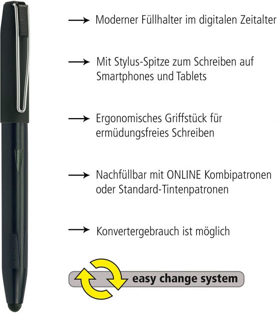 Online Fountain pen Switch Plus, ink cartridge fountain pen & touch pen, solid iridium nib size medium, stylus tip for tablets & smartphones, multifunction-pen incl. combi ink cartridge, black - Image 2