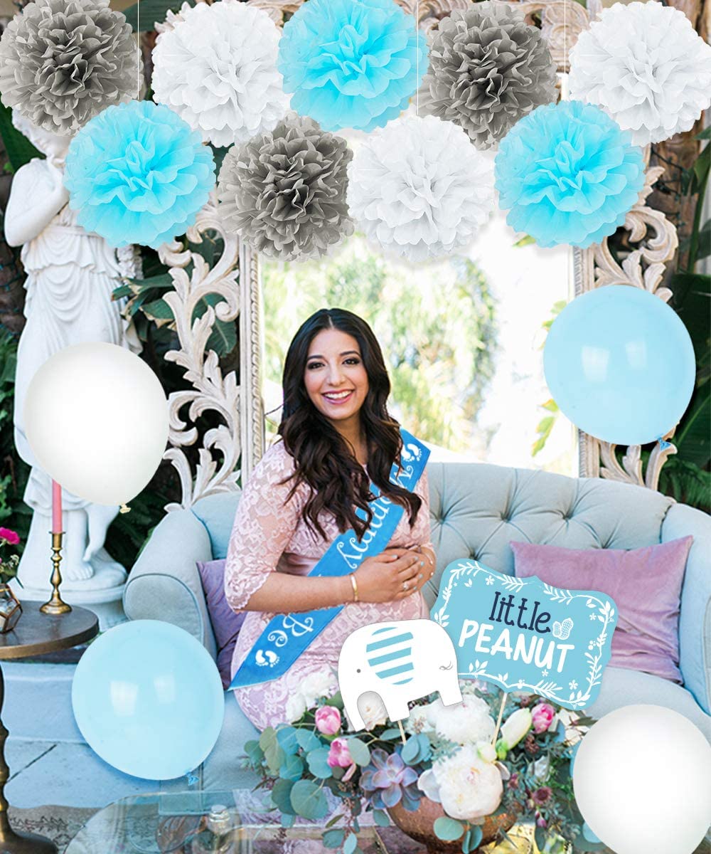 JOYMEMO Elephant Baby Shower Decorations, Welcome Baby Banner Bunting, Foil Letter Balloon Blue, Sash, Elephants Cake Toppers - Image 3
