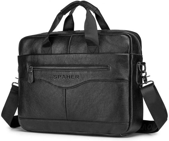 SPAHER Elegant Men 15.6 Inches Leather Briefcase Business Work Laptop Handbag Shoulder Bag Messenger Satchel Top-handle Travel Bag with Removable Strap for Notebook MacBook Brown