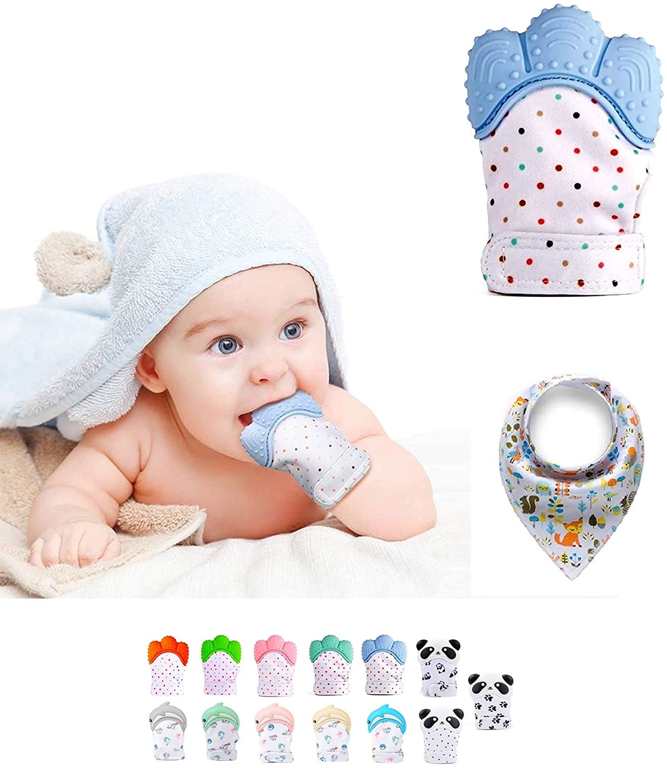 Mouthie Mitt Silicone Teething Glove Mitten for Babies - Teething Toy With Free Bandana Bib, Blue