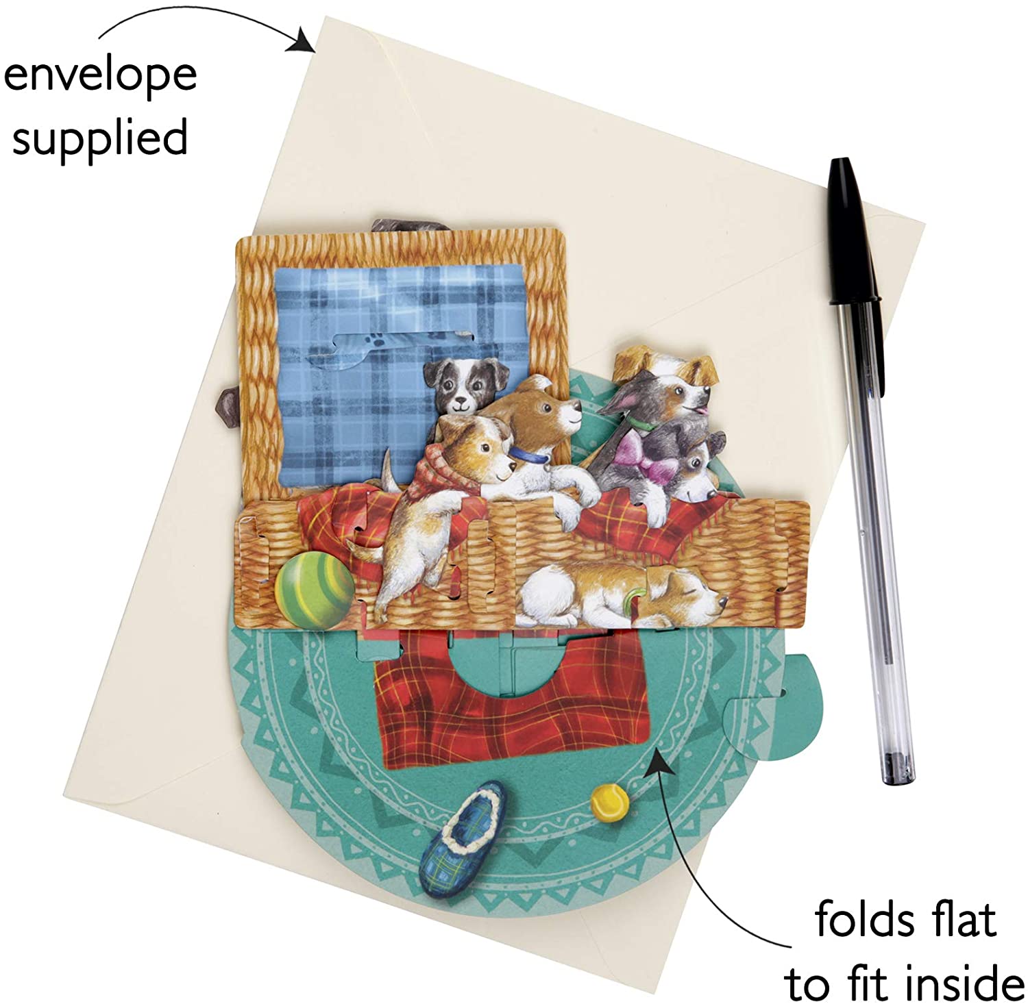 SANTORO Pirouette, 3D Pop Up Greeting Card - Puppies In A Basket - Dog And Puppy Birthday Card for Her Him, Kids, Daughter, Son - Image 2