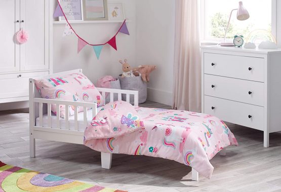 Bloomsbury Mill - Magic Unicorn, Fairy Princess & Enchanted Castle - Kids Bedding Set - Pink - Junior/Toddler/Cot Bed Duvet Cover and Pillowcase
