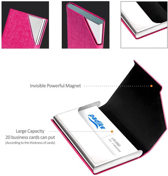 Padike Business Name Card Holder Luxury PU Leather & Stainless Steel Multi Card Case,Business Name Card Holder Wallet Credit Card ID Case/Holder for Men & Women (Rose red) - Image 4