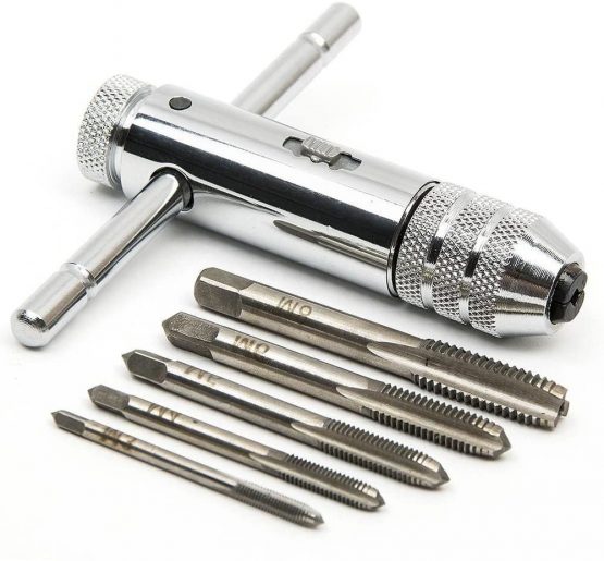 Adjustable Silver T-Handle Ratchet Tap Holder Wrench with 5pcs M3-M8 3mm-8mm Machine Screw Thread Metric Plug T-Shaped Tap